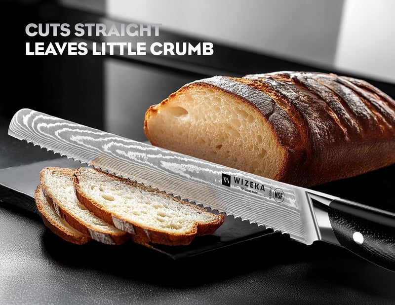 WIZEKA 10 inch Damascus Serrated Bread Knife for Homemade Bread: Razor Sharp VG10 Damascus Steel Multifunction Serrated Knife for Slicing Homemade Bread, Bagels, Cake - Image 2